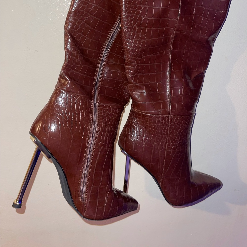 Brown faux croc stiletto knee boot